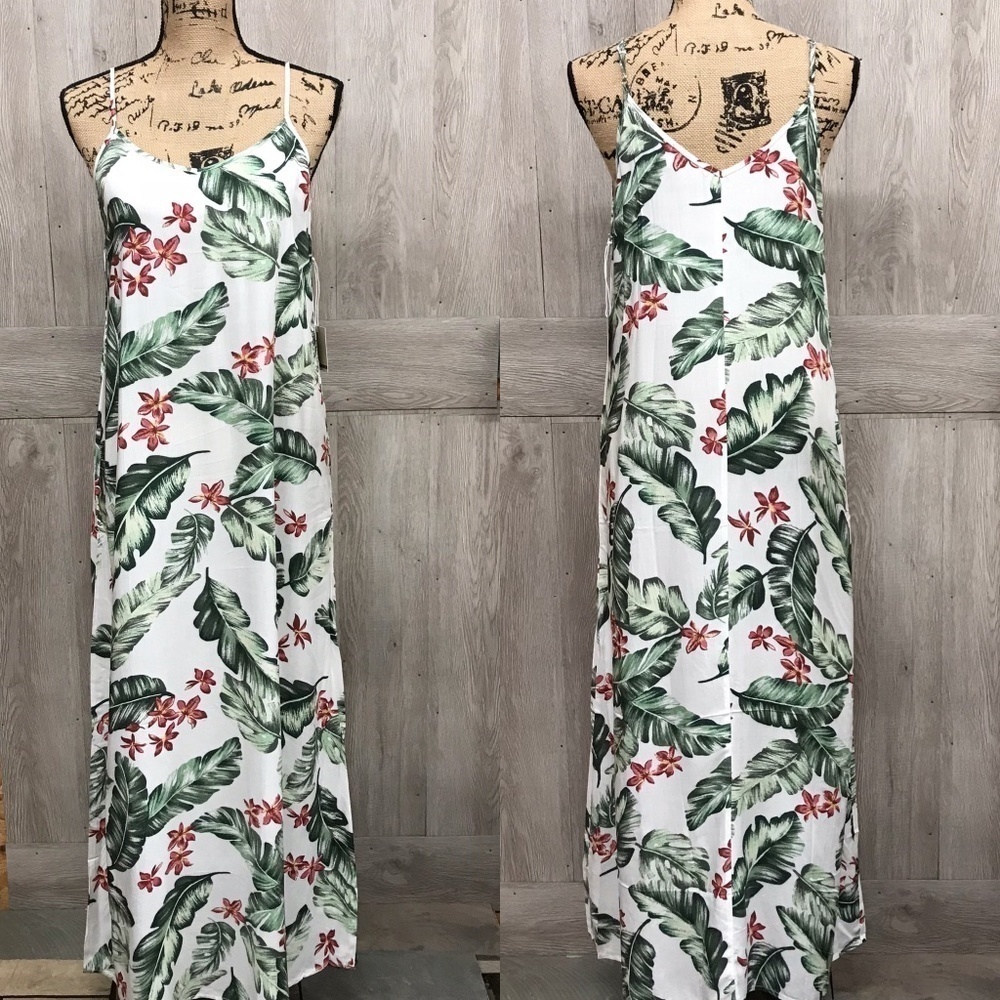 Tropical Print Palm Tank Dress With Pockets Ivory